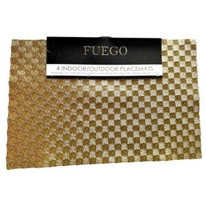 Fuego Squares Metallic Gold Woven Vinyl Placemats 12x18 Set of 4 Wipe Clean